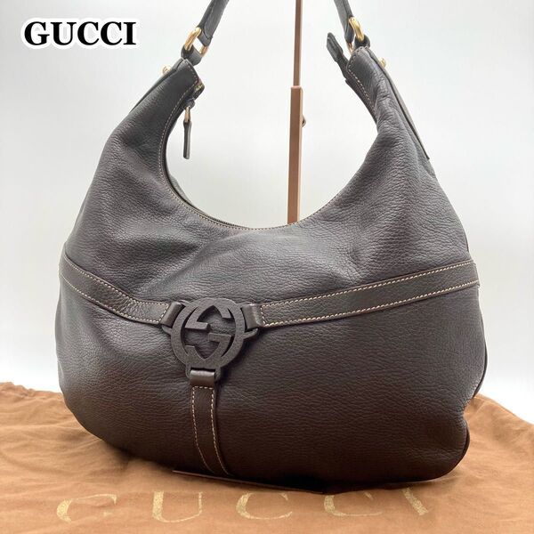 レア【美品】GUCCI グッチ ワンショルダーバッグ ホーボー 本革 ダークブラウン 三日月型 肩掛け インターロッキング GG