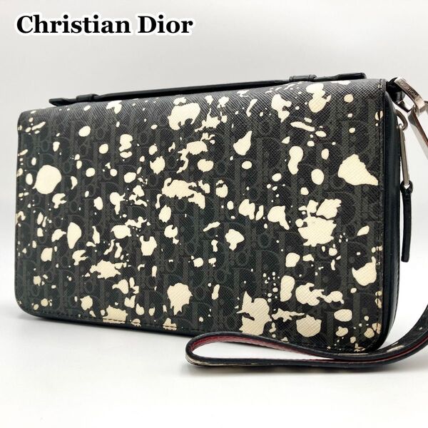 激レア【極美品】Dior HOMME ディオールオム オーガナイザー 長財布 セカンドバッグ 黒系 トロッター ペイント柄 持ち手