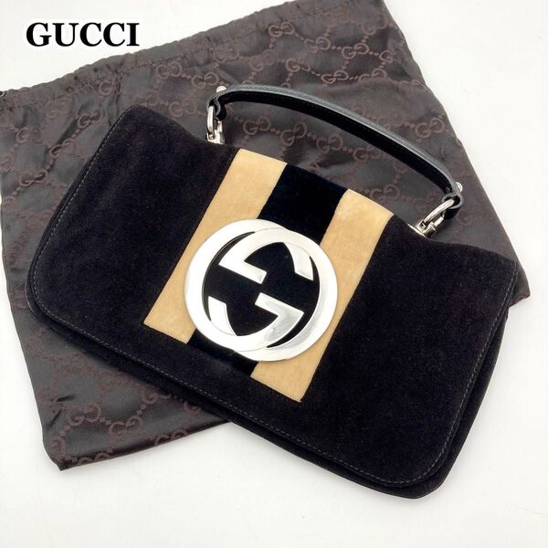 激レア【極美品】GUCCI グッチ ハンドバッグ セカンドバッグ 黒 ベロア レザー インターロッキング ダブルG ソーホー