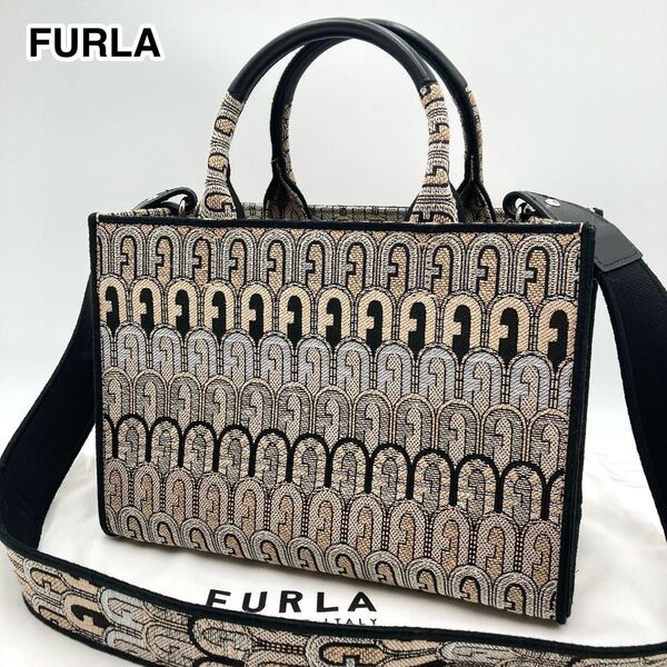 現行モデル【未使用級】FURLA フルラ オポチュニティ バッグ ベージュ系 キャンバス ジャガード 総柄 アーチロゴ 2way