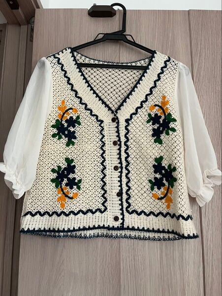 刺繍カーディガン ニット トップス 半袖 レース レディース 春 夏 かわいい シースルー 花柄 刺繍 レトロ フリーサイズ