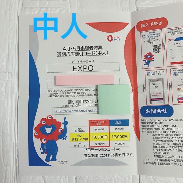 1枚 大阪万博 通期パス 割引コード(中人)万博 通気パス 割引 中人 12〜17歳用 未使用