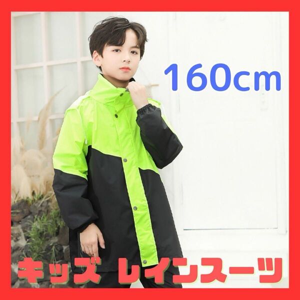 【訳アリ】 レインコート キッズ レインスーツ 160cm 上下 緑黒自転車 リュック対応 ランドセル対応 雨具 防水 大きめ