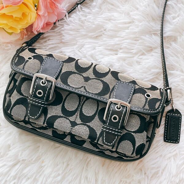 【良品】人気 COACH コーチ ショルダーバッグ キャンバス×レザー 本革 シグネチャー 斜め掛け 肩掛け ミニフィールド