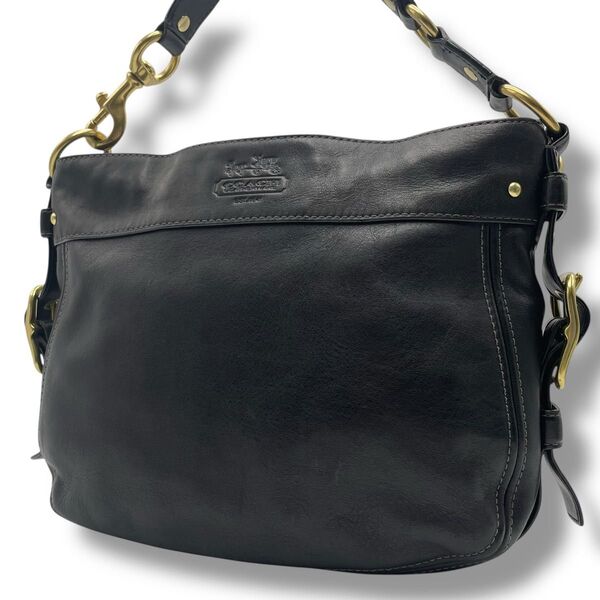【良品】COACH コーチ ワンショルダー バッグ オールレザー 本革 ホース&キャリッジ 型押し 肩掛け 金具 ブラック 黒
