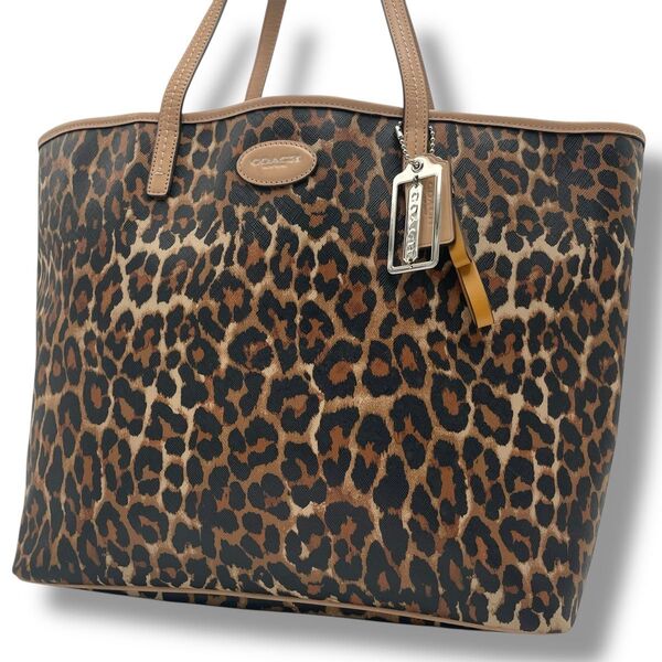 【美品】レア COACH コーチ トートバッグ PVC×レザー 本革 レオパード A4収納可 大容量 肩掛け ビジネス 通勤通学