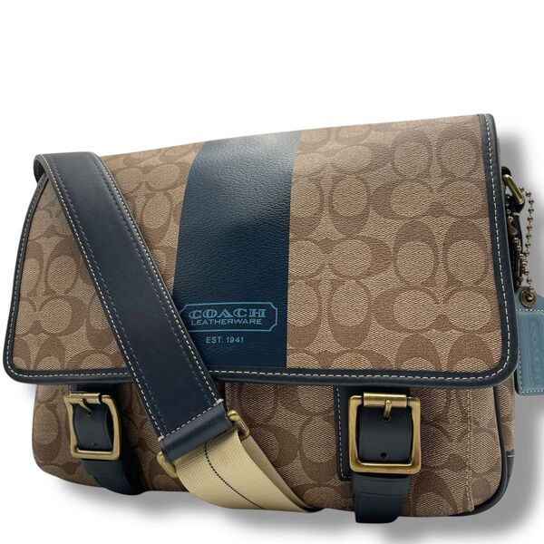 【美品】COACH コーチ メッセンジャーバッグ PVC×レザー 本革 シグネチャー 肩掛け 斜め掛け ショルダー ヘリテージ