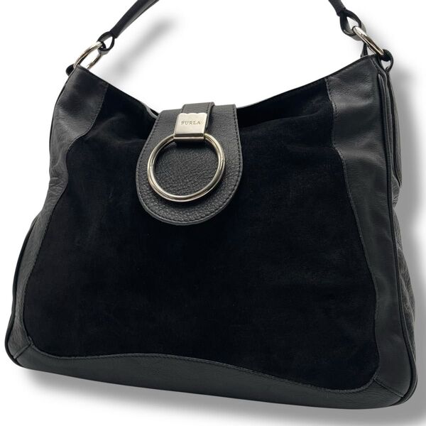 【レア】A4収納可 FURLA フルラ ワンショルダーバッグ スエード×レザー 本革 ブラック 黒 肩掛け ロゴ金具