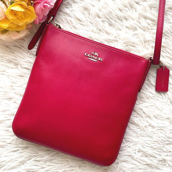 【美品】COACH コーチ ショルダーバッグ サコッシュ オールレザー 本革 レッド 赤 肩掛け 斜め掛け ロゴ金具 ロゴチャーム