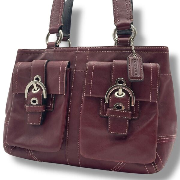 【レア】COACH コーチ ハンド トートバッグ オールレザー 本革 ボルドー 赤系 ソーホー 金具 Wポケット 肩掛け 馬蹄