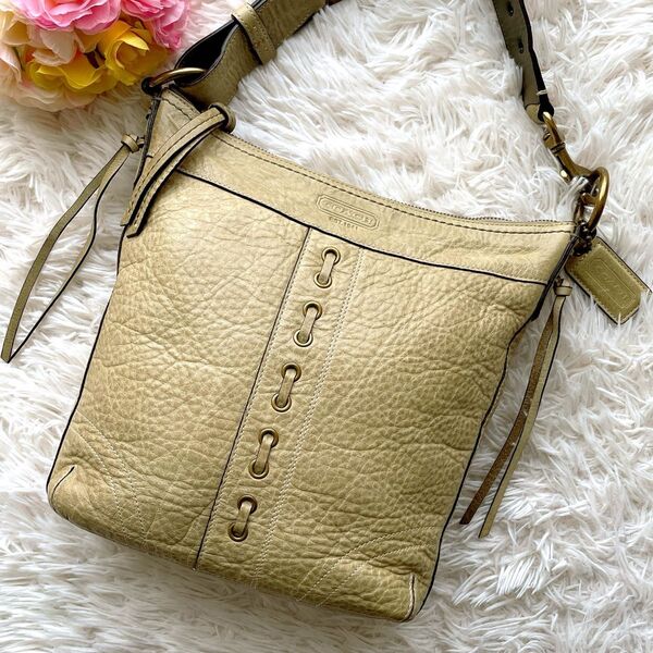 【レアカラー】COACH コーチ ショルダーバッグ オールレザー 本革 シボ革 カーキ 斜め掛け 肩掛け 男女兼用 メンズ ロゴ
