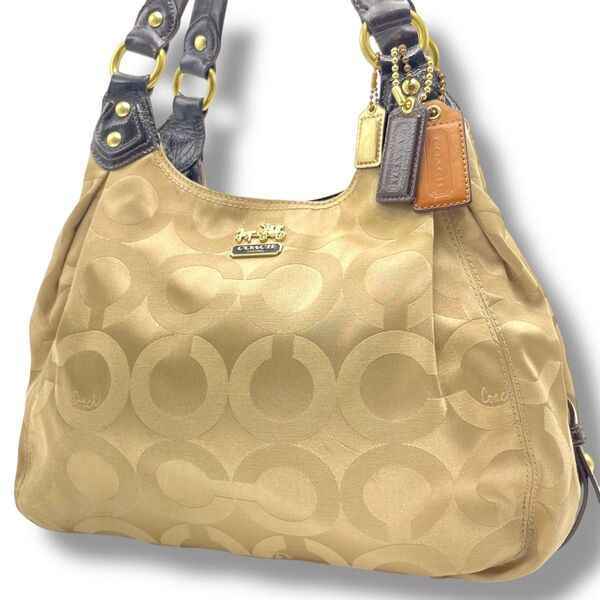 【良品】COACH コーチ トートバッグ マディソン オプアート サテンキャンバス×レザー ベージュ系 チャーム付 肩掛け