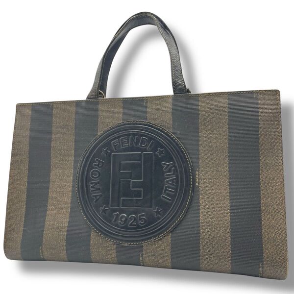 【良品】ヴィンテージ FENDI フェンディ ハンド トートバッグ PVC×レザー 本革 ペカン柄 エンボス ビッグロゴ 金具