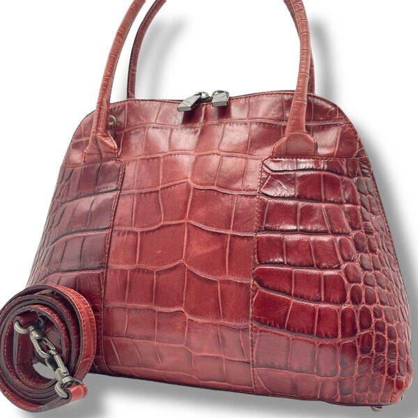 【良品】FURLA フルラ 2way ハンド ショルダーバッグ クロコ型押し ロゴ型押し 赤 レッド 肩掛け 斜め掛け ドーム型