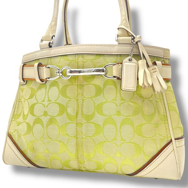 【レアカラー】COACH コーチ トート ハンドバッグ キャンバス×レザー 本革 肩掛け 黄緑 シグネチャー ビット金具