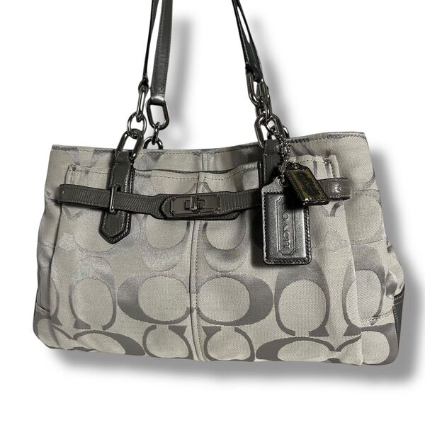 【美品】A4可 COACH コーチ トートバッグ サテンキャンバス×レザー ターンロック シグネチャー 肩掛け 通勤通学 ビジネス