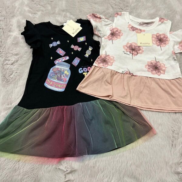 新品!キッズ子ども女の子半袖ワンピース、半袖Tシャツ2点セット110センチ花柄 子供服