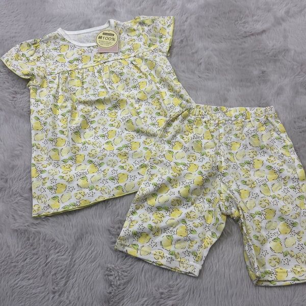 新品!キッズ子ども女の子半袖パジャマ 上下セット110センチレモン柄 綿100% 夏パジャマ