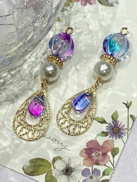 267.人気再販)グラデーションチェコビーズ ピアス ハンドメイド イヤリング 透明感 夏