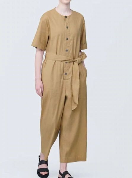新品 無印良品 婦人 ヘンプ混ストレッチ ジャンプスーツ M ベージュ オールインワン パンツ
