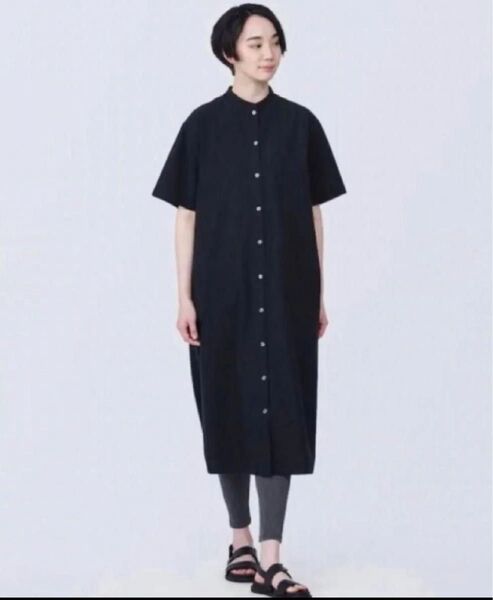 無印良品 新品 婦人 涼感 ブロードスタンドカラー半袖ワンピース ワンピース 黒 ブラック S