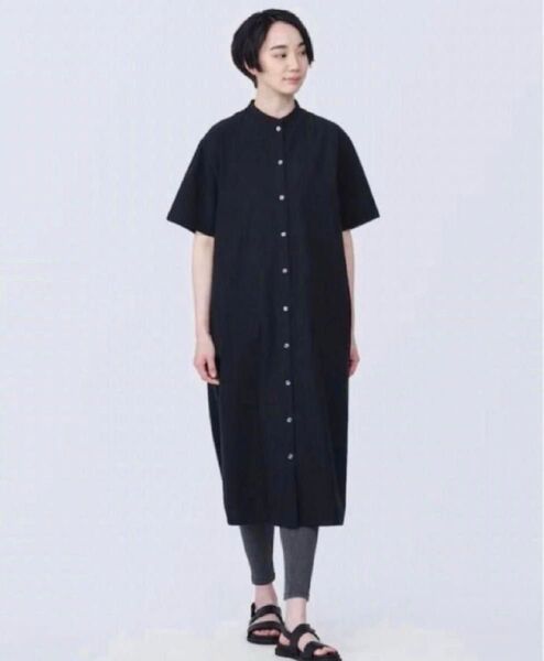 無印良品 新品 婦人 涼感 ブロードスタンドカラー半袖ワンピース ワンピース 黒 ブラック M