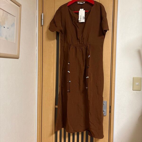 ★新品★ZARA★麻混★茶系★ロングワンピース★M