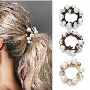 パール ラインストーン ビジュー ヘアゴム シュシュ ヘアアクセ ヘアアクセサリー 3個セット 冠婚葬祭 結婚式 韓国 オシャレ