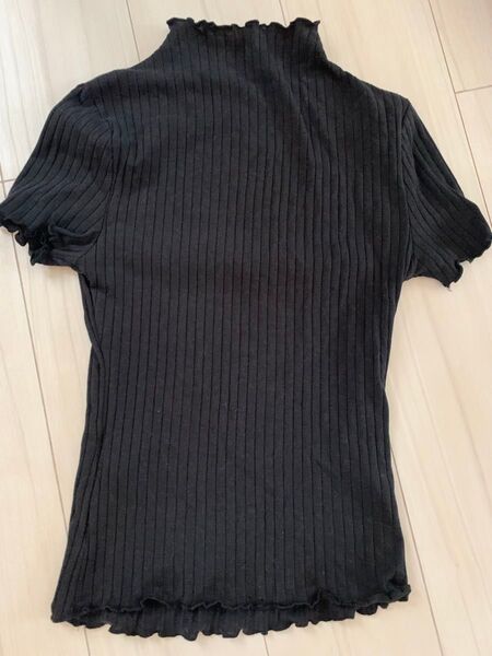 shein 半袖トップス 薄手 モックネックレタストリムリブ XS ブラック黒