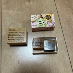 木製スタンプ3個セット マッチ箱入り 音符 アンティーク