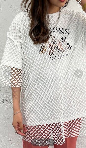 未使用 apres jour mignon 透かし編み メッシュトップス オーバーサイズ ルーズシルエットT 半袖 白 LL XL