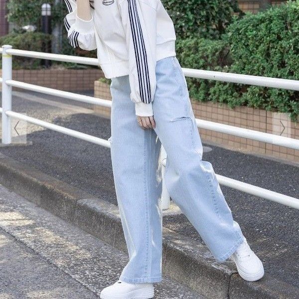 C・O・L・Z・A honeys サイドカット ワイドストレート デニムパンツ ライトブルー ウエストゴム ジーパン ジーンズ M