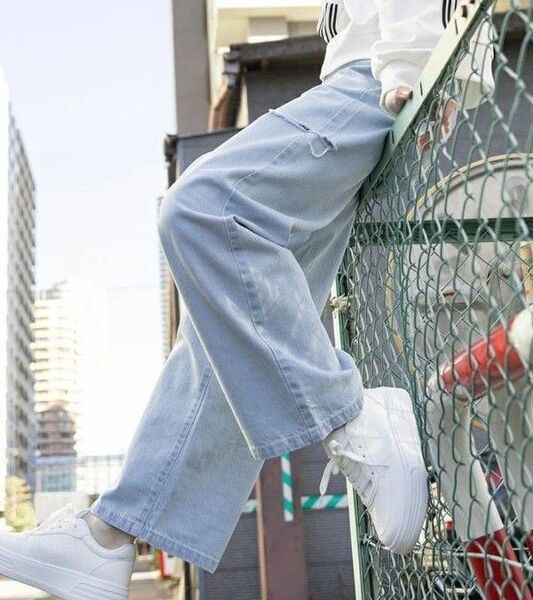 C・O・L・Z・A honeys サイドカット ワイドストレート デニムパンツ ライトブルー ウエストゴム ジーパン ジーンズ M