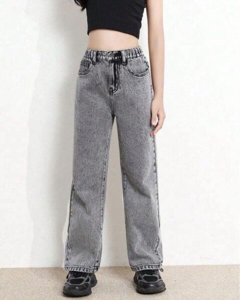 SHEIN ウエストゴム デニムパンツ ケミカルウォッシュブラック グレー ジーンズ ジーパン 黒 ストレート ハイウエスト
