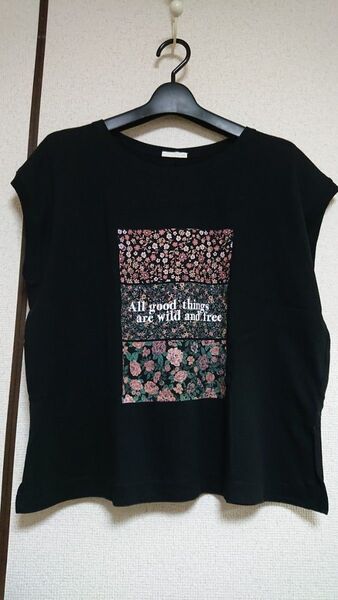 GU フレンチスリーブ ノースリーブ Tシャツ カットソー 綿100% 黒 ブラック ゆったり オーバーサイズ 花柄プリント S