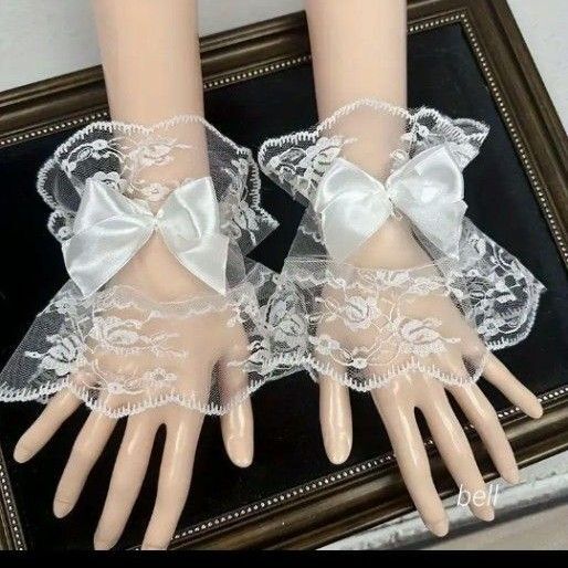 ラスト1点 白 つけ袖 リボン アームカバー ブライダル レース フリル コスプレ