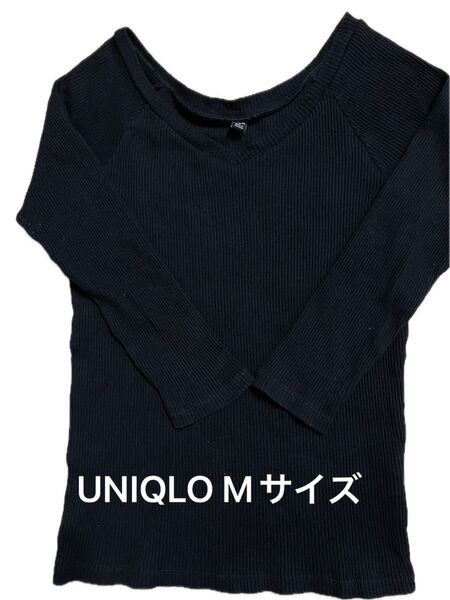 UNIQLO リブニットトップス Vネック 七分袖 黒 M ユニクロ