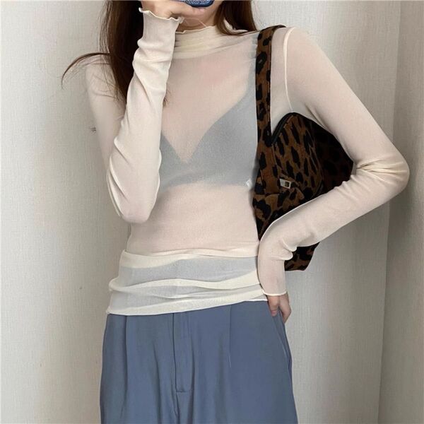 【ホワイト】程よい透け感 シアーメッシュトップス シアー シースルーカットソー トップス レイヤード インナー 長袖 ハイネック