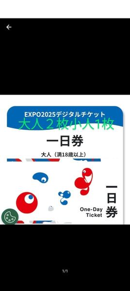 万博チケット【1日券 大人2枚 小人1枚】3枚