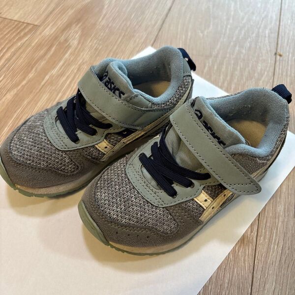 asics キッズ スニーカー マジックテープ グレー 水色 美品 値下げ