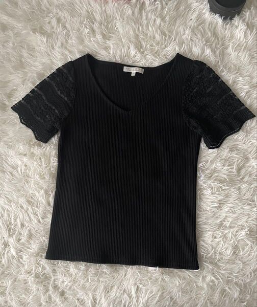 【PROPORTION BODY DRESSINGプロポーションボディドレッシング】レース透かし半袖 リブニット黒ストレッチ 3