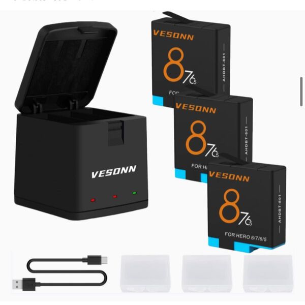 Hero 8バッテリー 充電器セット1500mAh互換バッテリー3個 LED付き充電器1個 Hero 5/6/7/8カメラに対応