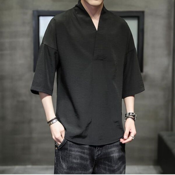 tシャツ メンズ シャツ ワイシャツ 半袖 五分袖 ゆったり Vネック 無地 柔らかい シンプル 大きいサイズ Lサイズ ブラック