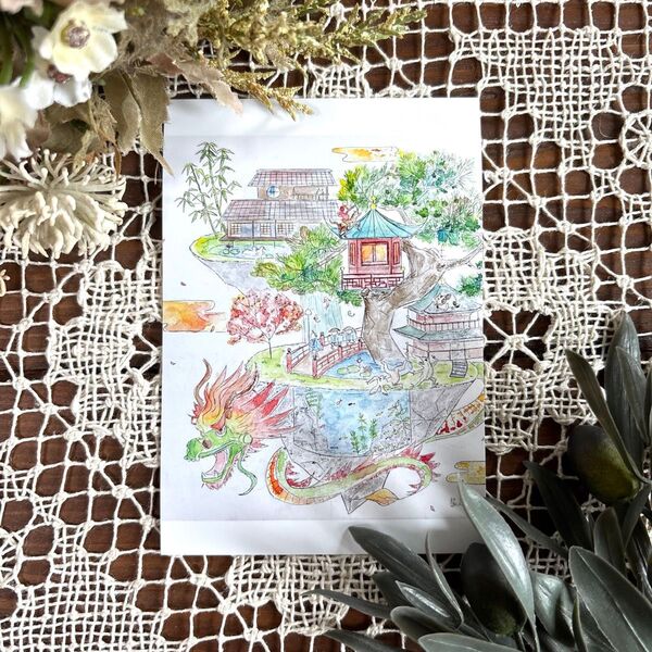 雫猫 nyago 水彩画 空想画 空島 和風 浮島 樹木 紅葉 松 龍 日本 絵画 絵 イラスト 画家 アート インテリア 複製画