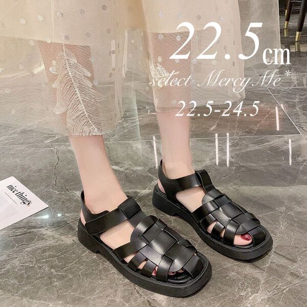 グルカサンダル 22.5 レザー 黒 ブラック 韓国 美脚脚長 レディース 靴下コーデ ママシューズ 春夏 きれいめカジュアル