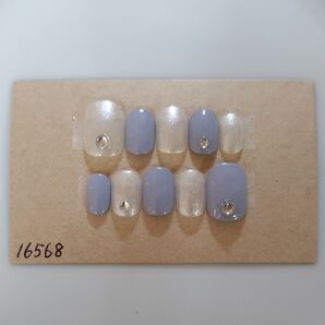 【現品】ジェルネイルチップ ベリーショート ブルーグレースペースホワイトストーンネイル#314