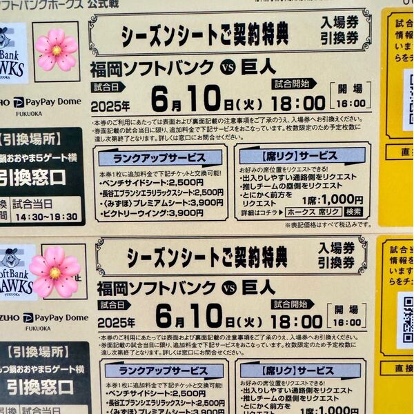ソフトバンクホークス・6/10(火)入場引換券2枚