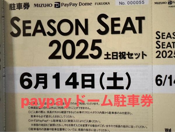 ソフトバンクホークス・paypayドーム駐車券6/14(土)