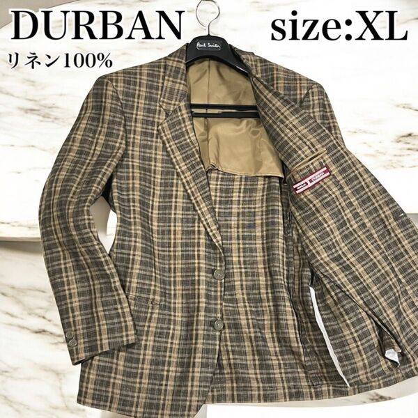美品 D'URBAN ダーバン テーラードジャケット チェック シングル リネン100% 麻 背抜き 茶 LL XL 大きい