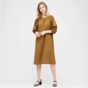 ユニクロ マーセライズコットンギャザーワンピース (七分袖) M ブラウン 未使用 美品